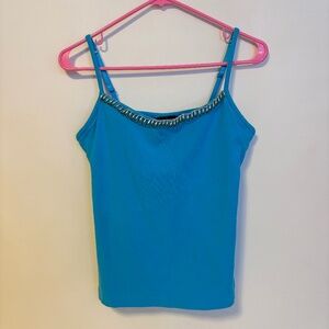 Moda International Y2K 2000s Beaded Neckline Built In Bra Cami Tank Top Blue L